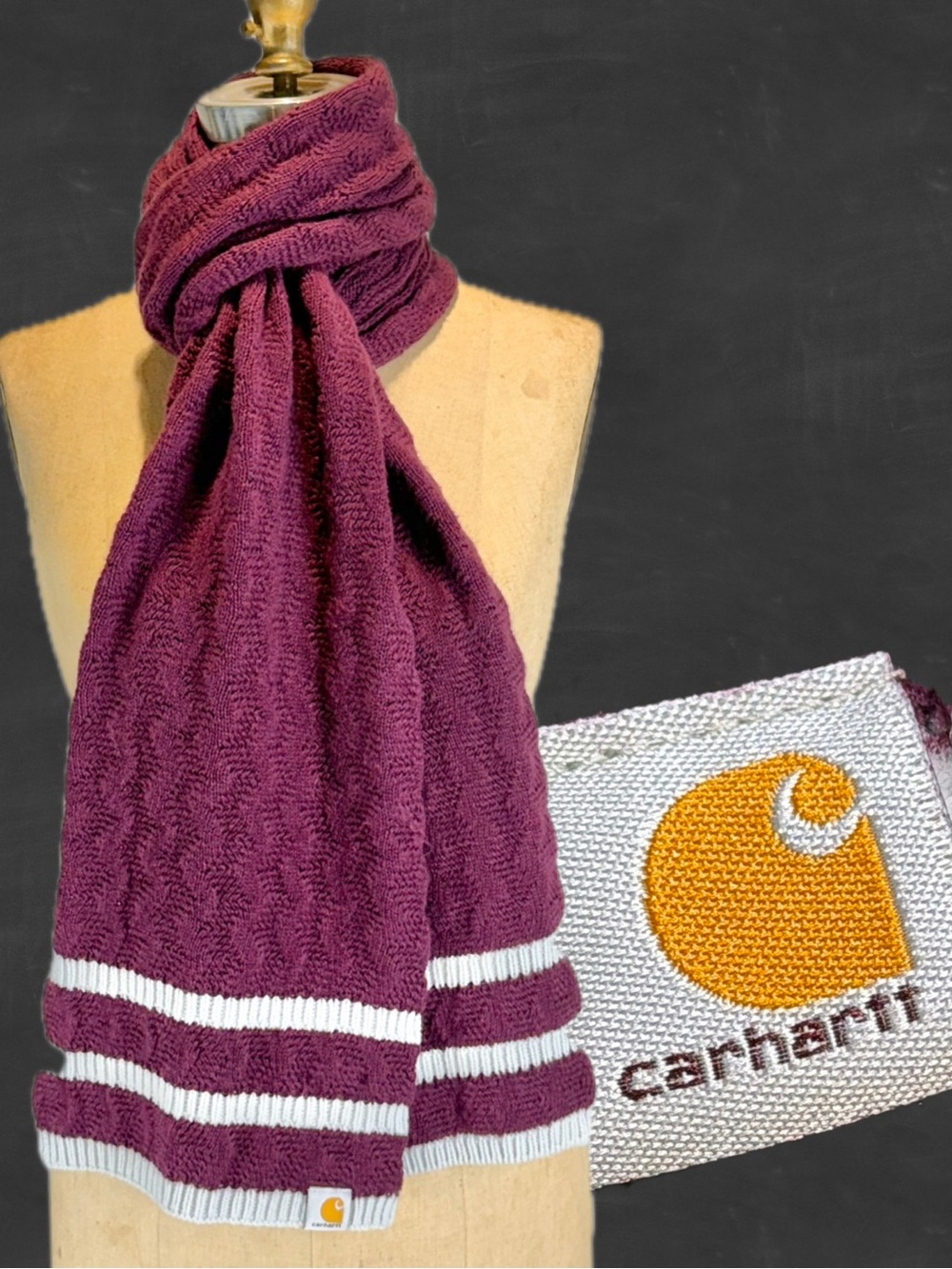 Carhartt knit sweater cable scarf long length winter cozy burgundy purple wrap